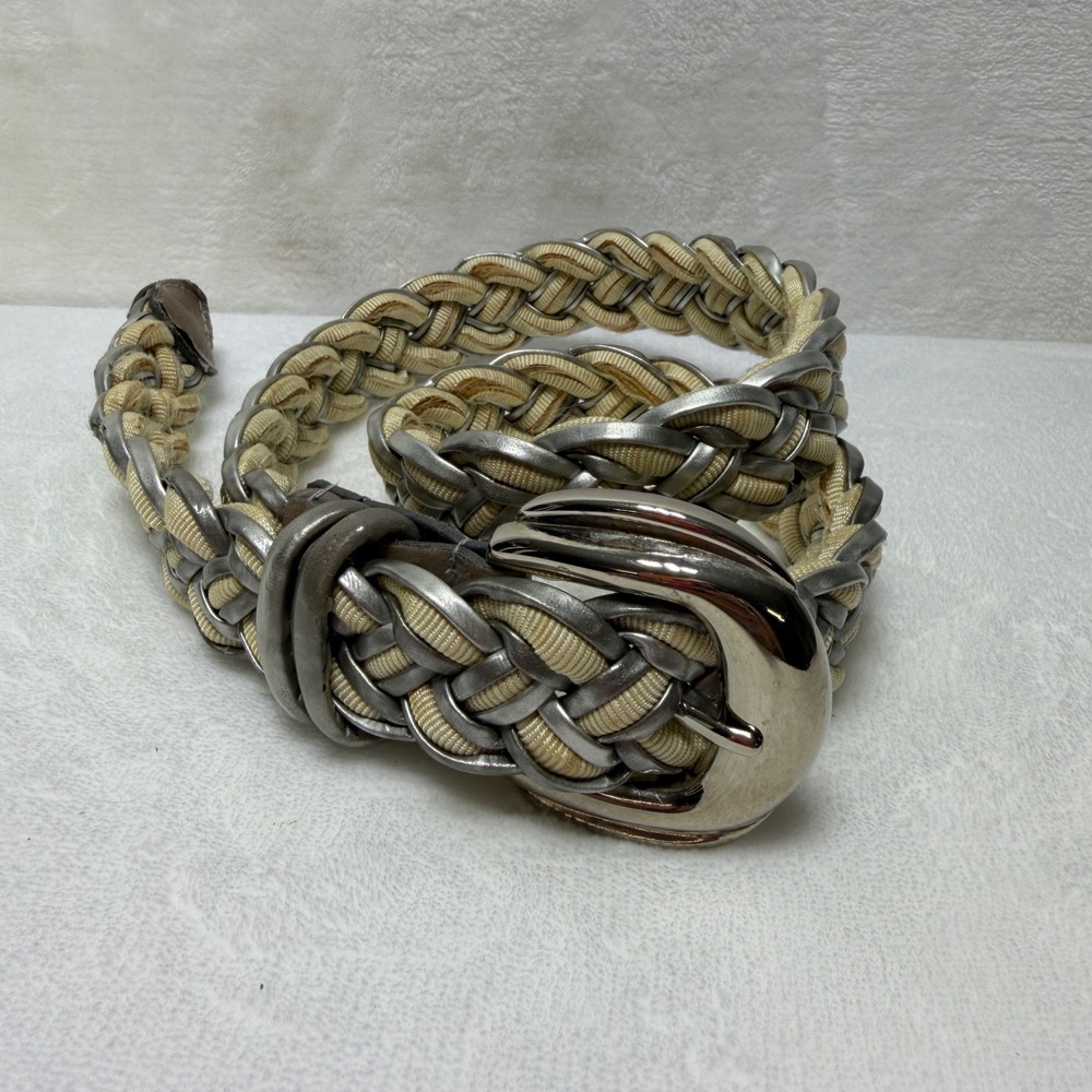 Donna Katz Womens Beige Silver Braided Woven Belt Silver Tone Buckle Taiwan